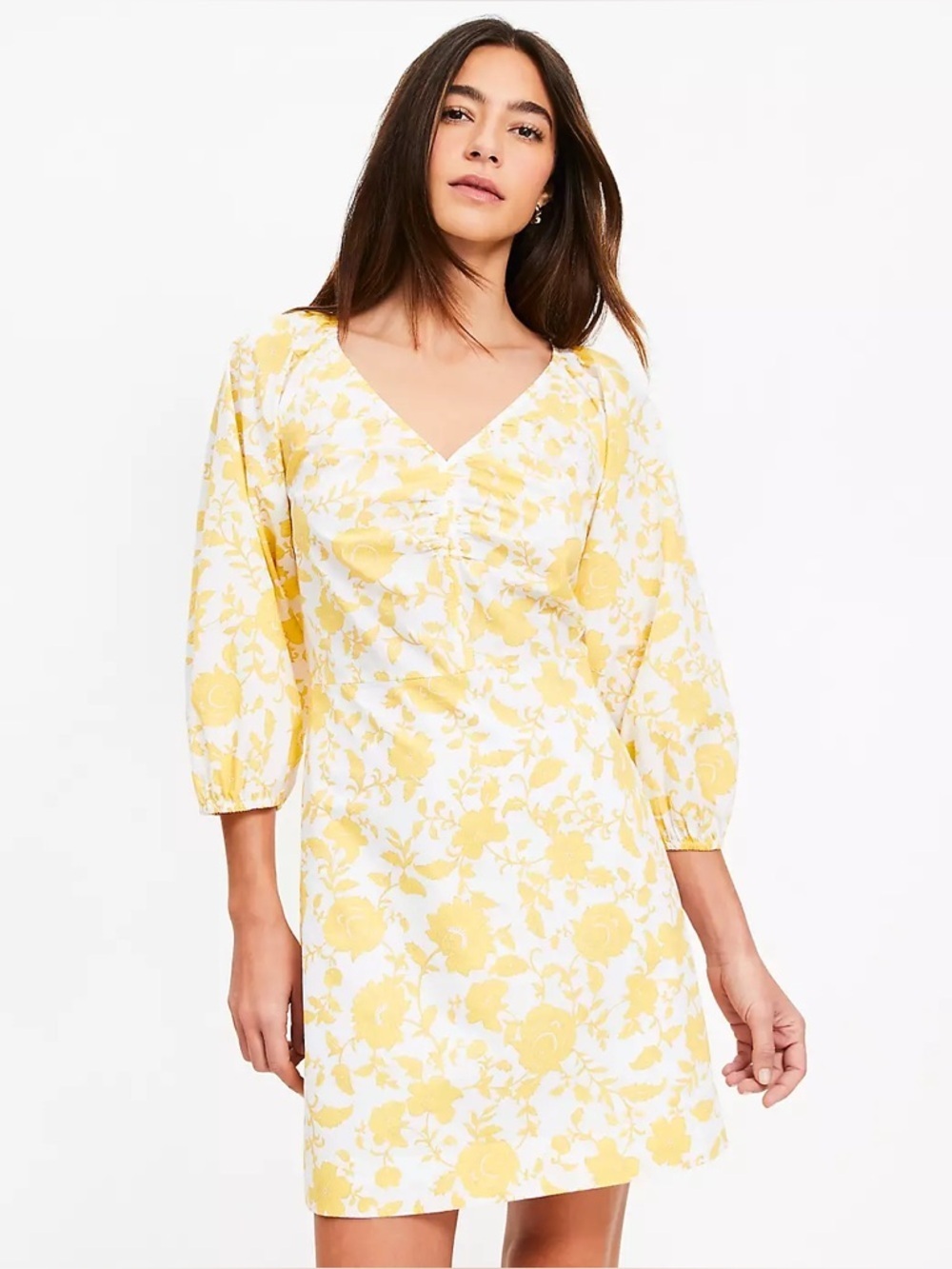 Loft Floral Poplin Shirred Mini Yellow Floral V-Neck Women’s Dress size 12